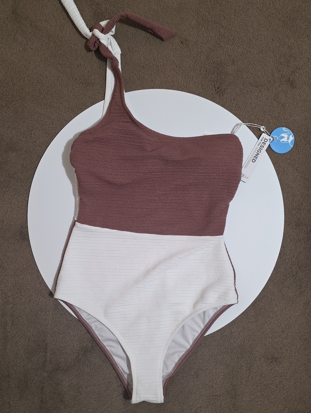 Cupshe Two-Tone One-Shoulder One-Piece Swimsuit in Mauve and White